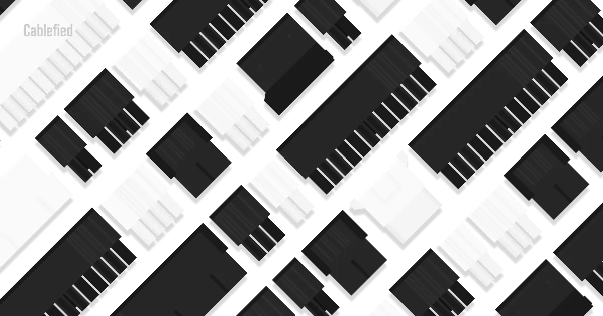 Black and white PC cable connectors in a diagonal layout such as 24 pin ATX, 8 pin PCIE, and 8 pin EPS connectors.