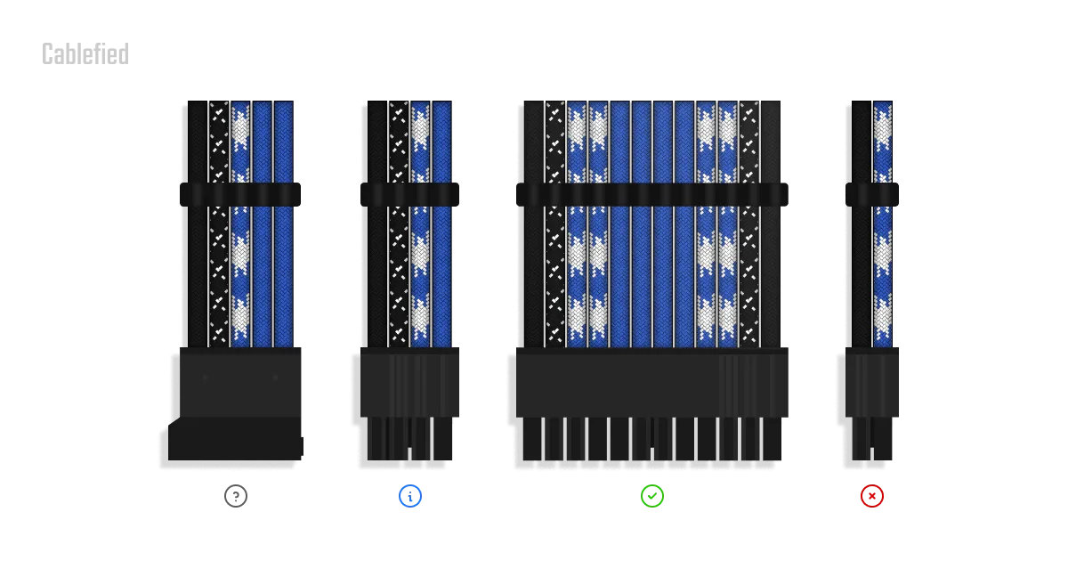 A 24 pin atx cable, 8 pin eps cable, 4 pin EPS cable, and sata power cable floating in four shades of blue.