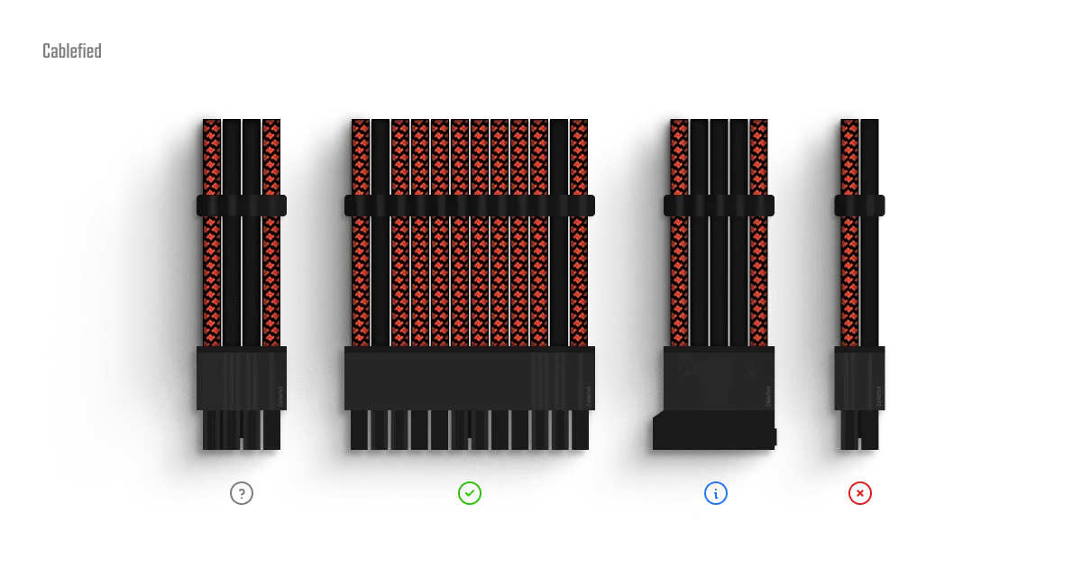 A 24 pin atx cable, 8 pin PCI-E cable, 4 pin EPS cable, and sata power cable floating in neon orange sleeving.