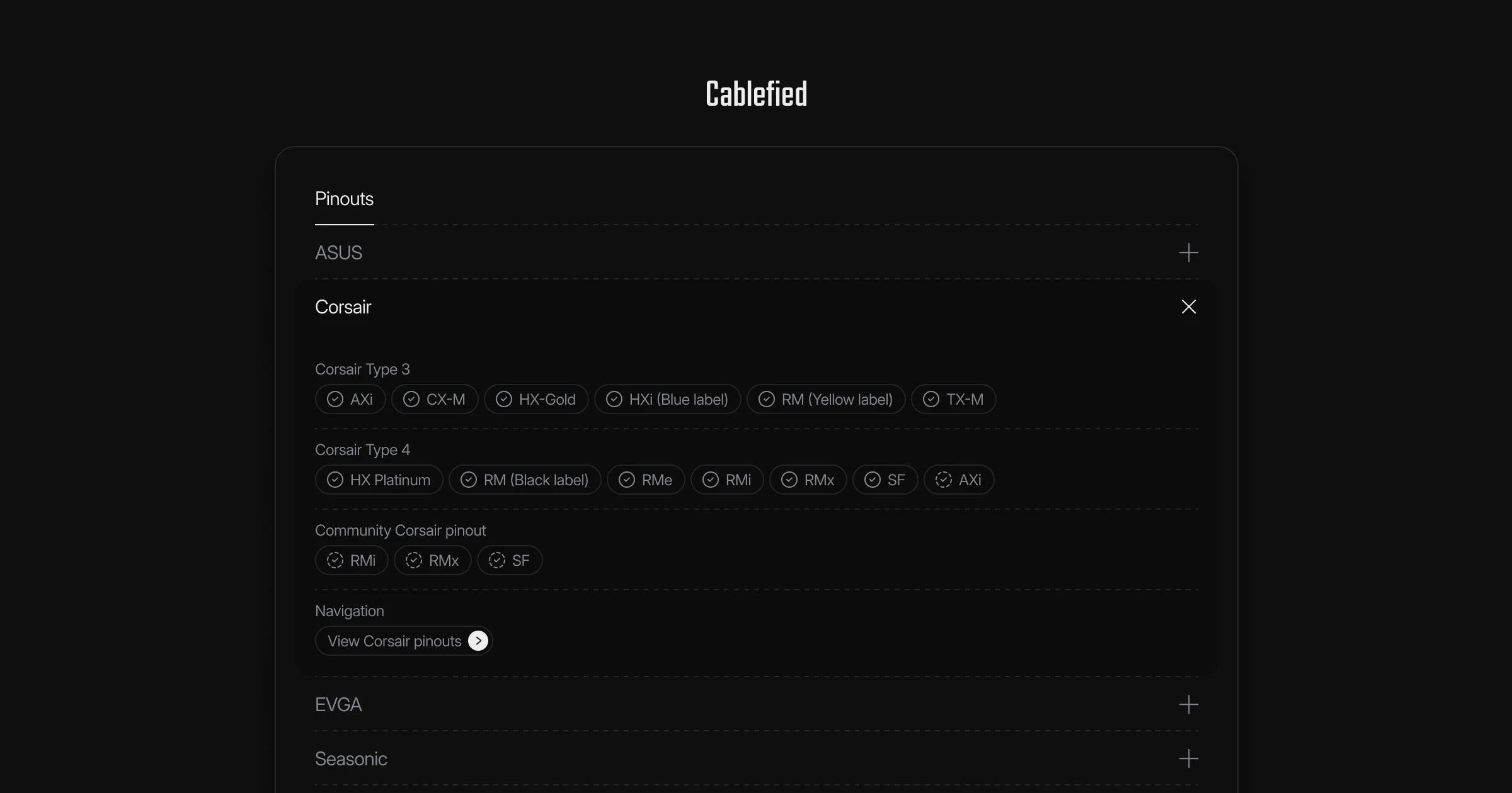 Available power supply pinout options with a community selection choice.