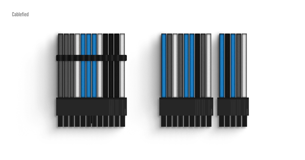 Comparison between the front and back of a custom sleeved 24 pin modular PC cable.