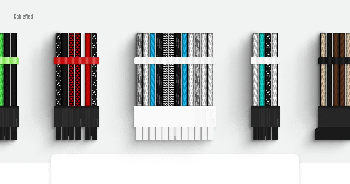 Several unique custom sleeved PC cables in a row celebrating the launch of Cablefied.