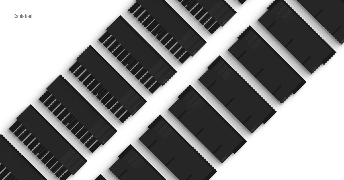 Comparison between female and male 24 pin ATX PC cable connectors.